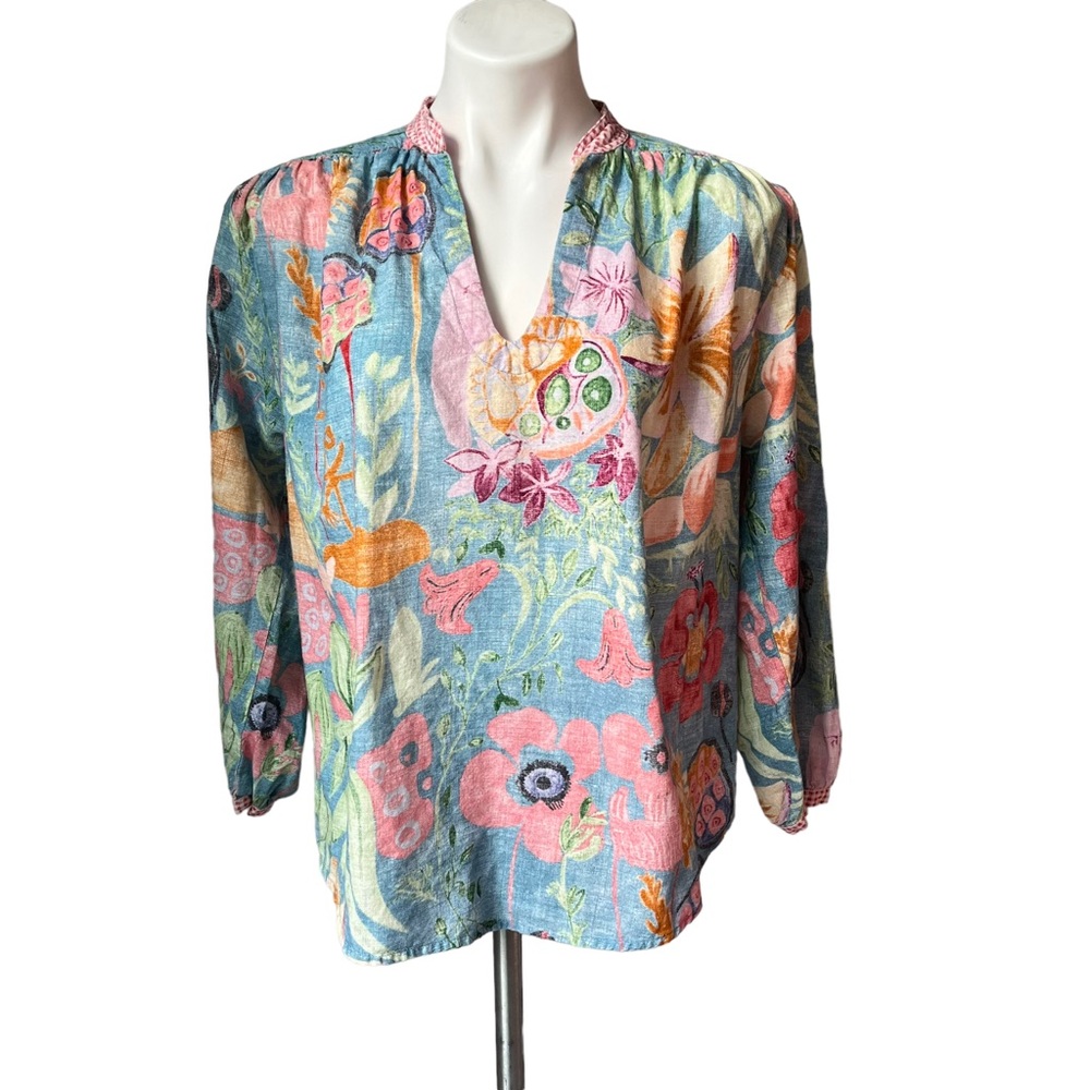 D’Ascoli Mixed Print Floral Pastel Cotton Blouse, Sz XL